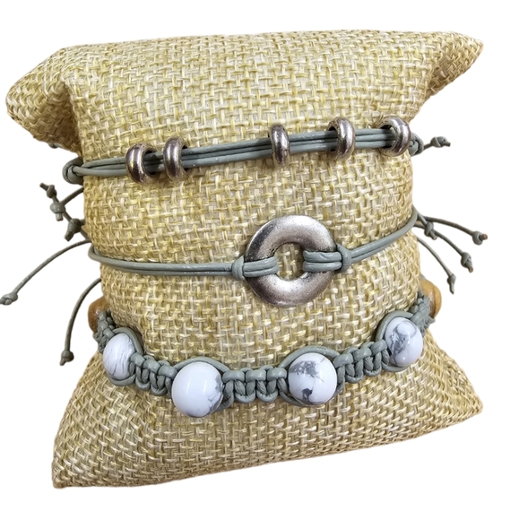 Genuine Leather, Stainless Steel & Olive Wood +Moss Agate Boho Bracelet Set of 3 - Picture 1 of 5